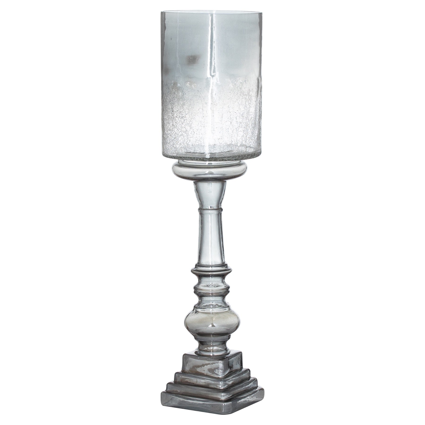 Silver Smoked Midnight Glass Top Tall Candle Pillar Holder - Fairspot UK