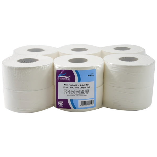 PRISTINE Mini Jumbo 2Ply Toilet Roll 76Mm Core 200M (Case of 12) | PR8202 - Fairspot UK