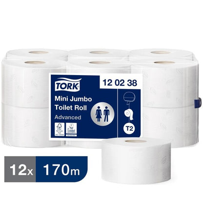 Tork Mini Jumbo Toilet Paper Roll White 170M 2 1/4" Core (Case of 12) | 120238 - Fairspot UK